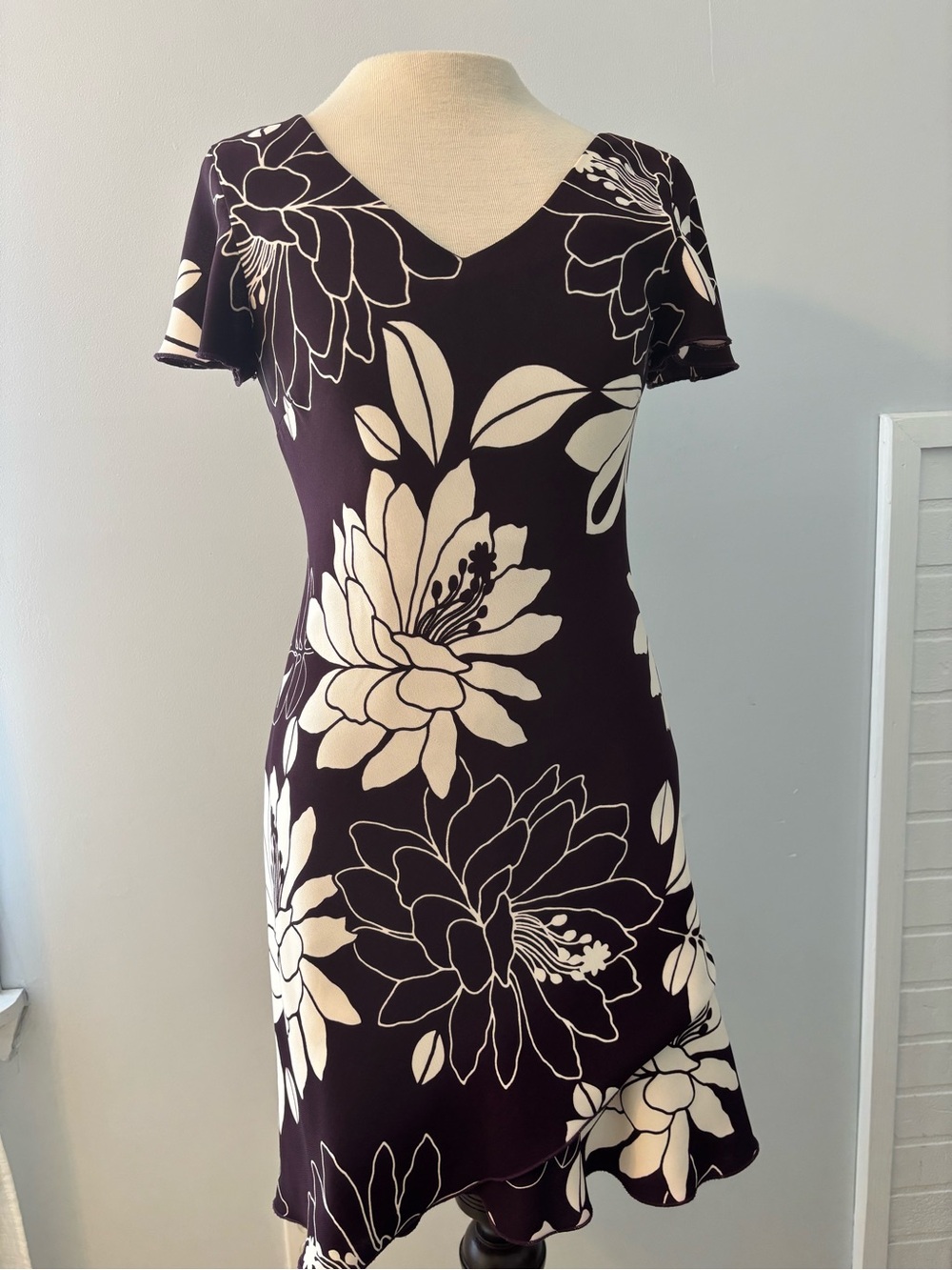 S.L. Fashions aubergine Dress with Cream Floral Print Accents